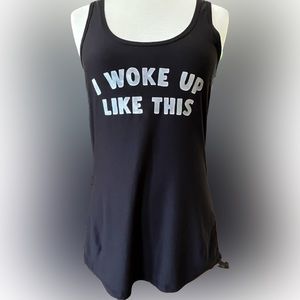 Clearance!⚠️”I Woke Up Like This” Black Tank Top Shiny Lettering, Sz. Jun Lg